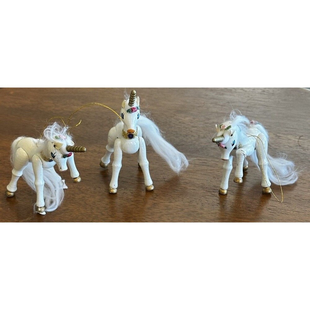 Vintage Christmas Set Of 3 Kurt Adler Wood Unicorn Floral Ornaments 4"